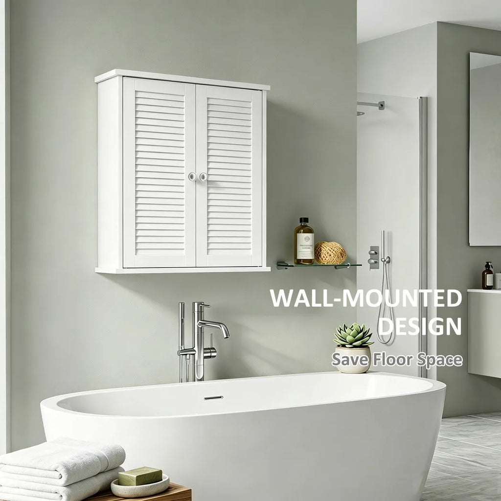 Bathroom Cabinet, Bathroom Wall Cabinet with Louvered Doors and Adjustable Shelf Storage for Kitchen, White
