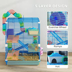 PawHut 5 Tier Hamster Cage Carrier Habitat with Exercise Wheels, Tunnel, Blue
