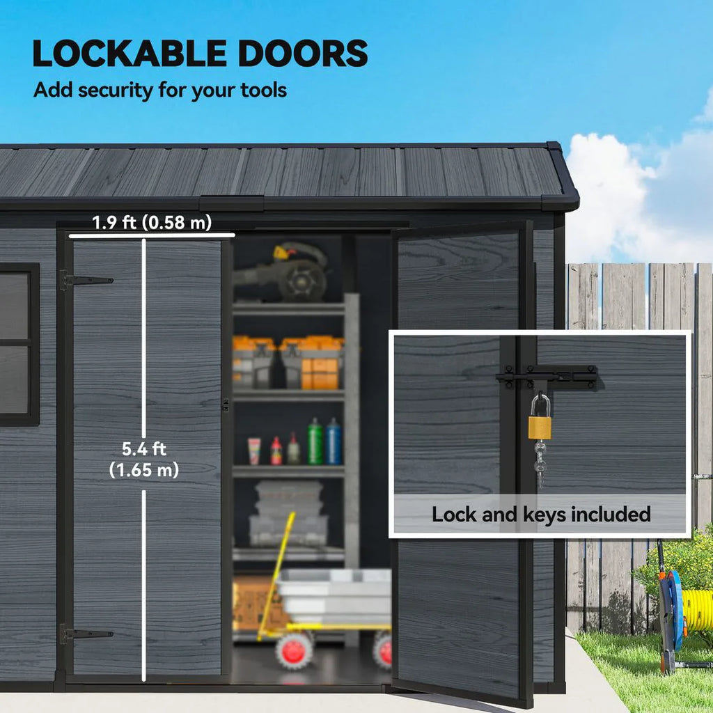 Outsunny 8 x 4 ft Resin Garden Shed, Wood-Effect Outdoor Storage Shed with Floor, Windows, Lockable Doors and Vents, Dark Grey