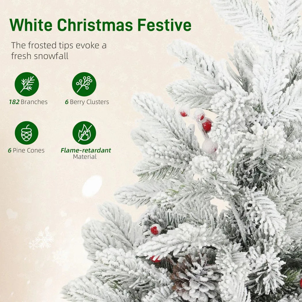 60 cm Prelit Small Christmas Tree with 35 LED Lights, Snow Flocked Tabletop Mini Xmas Tree with Pine Cones, Berry Clusters and Linen Cover Base, Battery Operated, Green