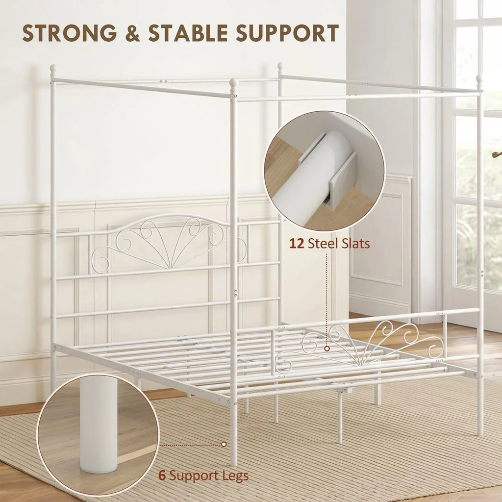 Canopy Bed Frame Double Size, Metal Platform Bed Frame with Headboard and Footboard, Underbed Storage, White
