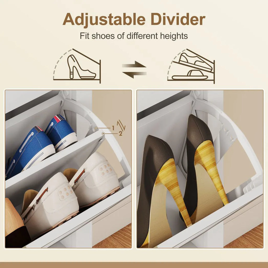 Narrow Shoe Cabinet, Boho Slim Shoe Storage Cabinet with 2 Flip Drawers, Holds 14 Pairs, White