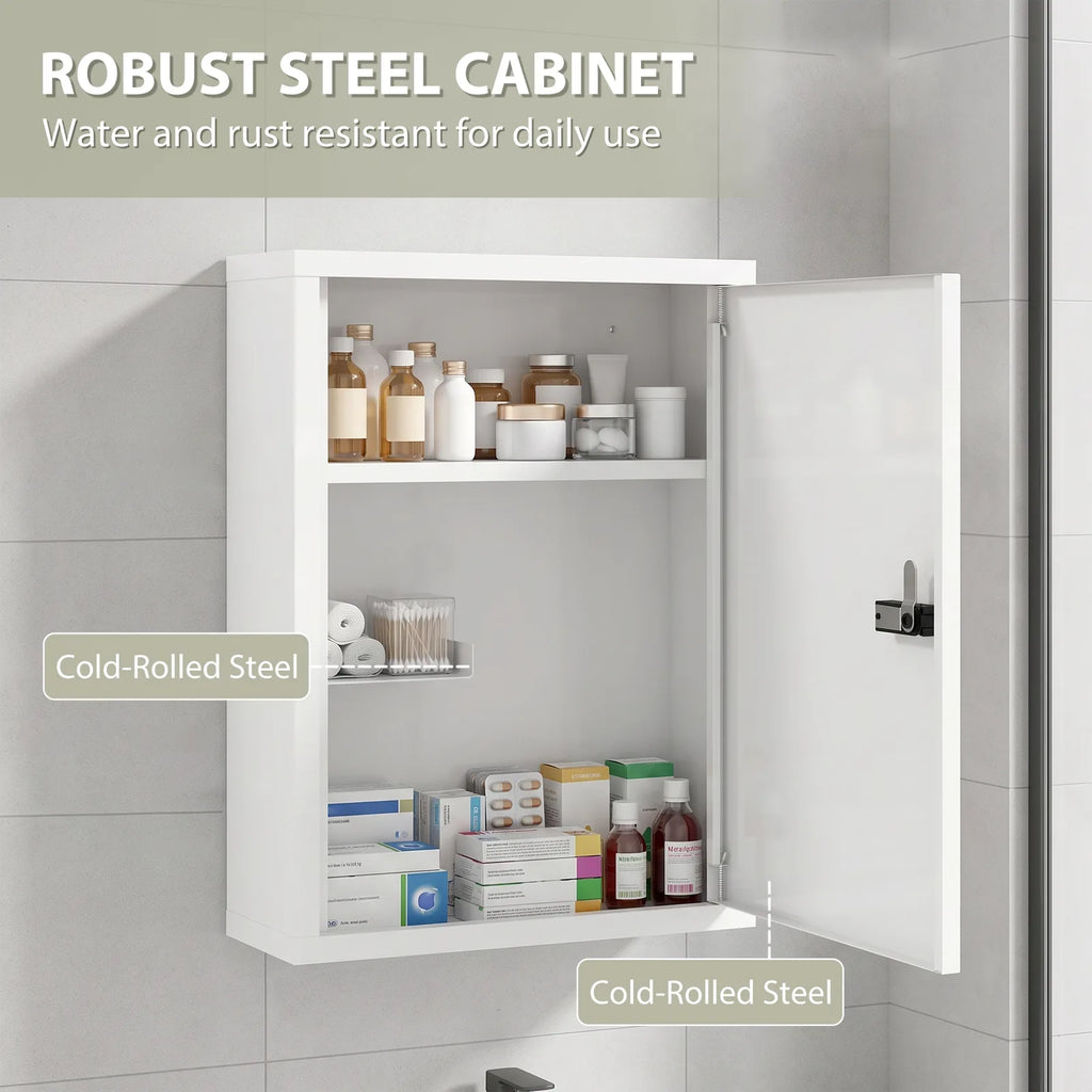 Wall Mount Medicine Cabinet, Bathroom Cabinet with Combination Lock, Door and Storage Shelves, White