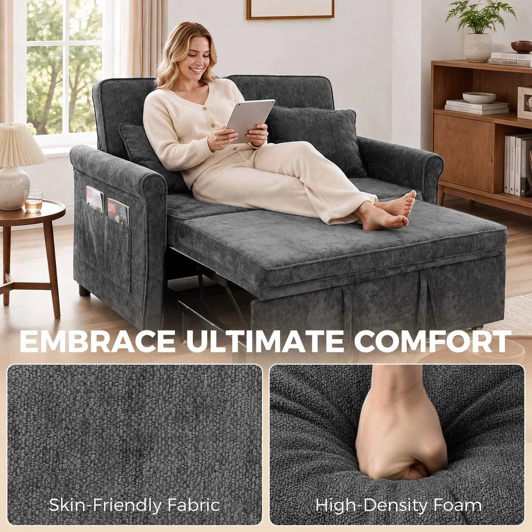 2 Seater Sofa Bed 3-in-1 Convertible Chenille Pull Out Sleeper Sofa with 5-Position Adjustable Backrest, Grey