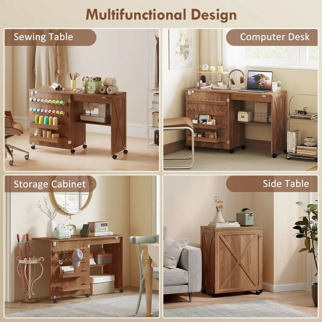HOMCOM Folding Sewing Table, Rolling Craft Table with Storage compartments, Shelf and Lockable Casters for Small Spaces, Brown