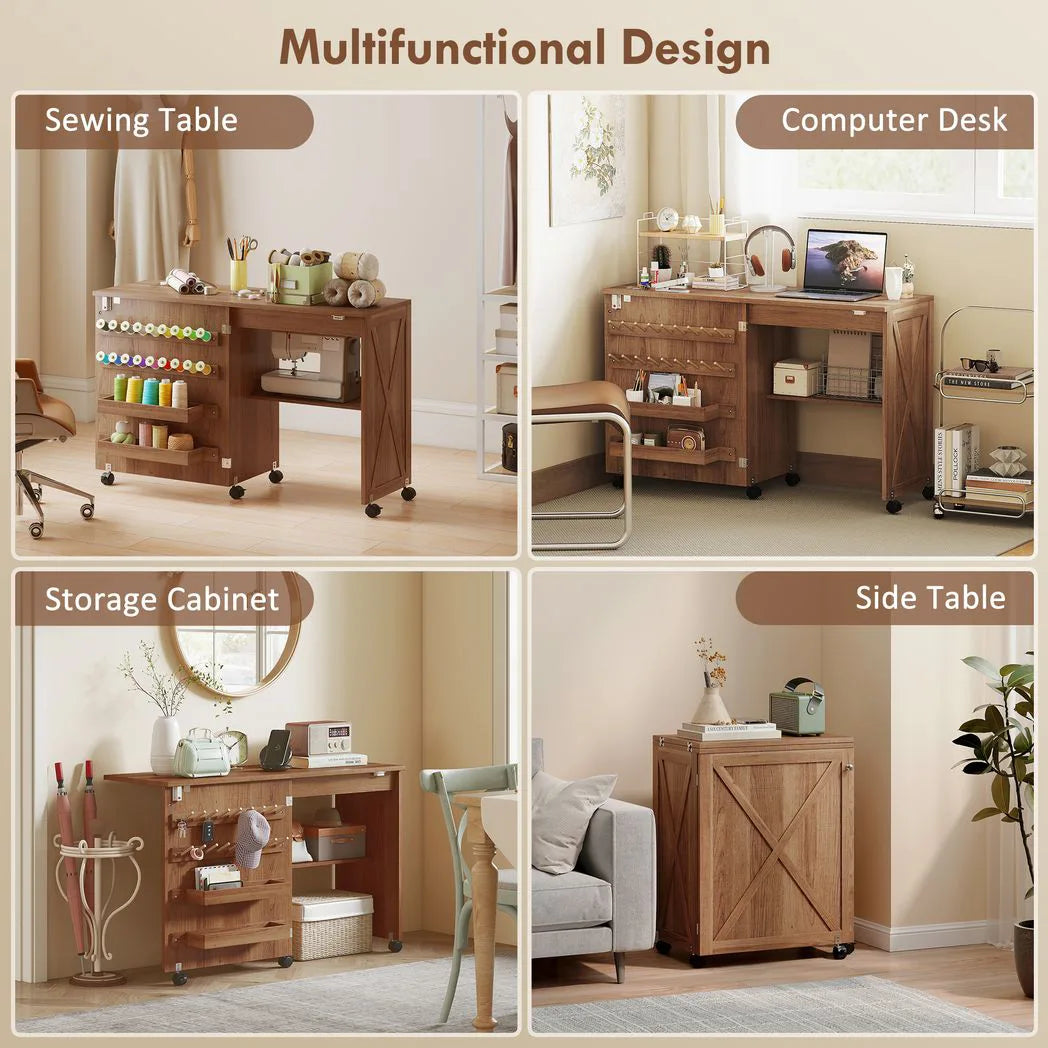 HOMCOM Folding Sewing Table, Rolling Craft Table with Storage compartments, Shelf and Lockable Casters for Small Spaces, Brown