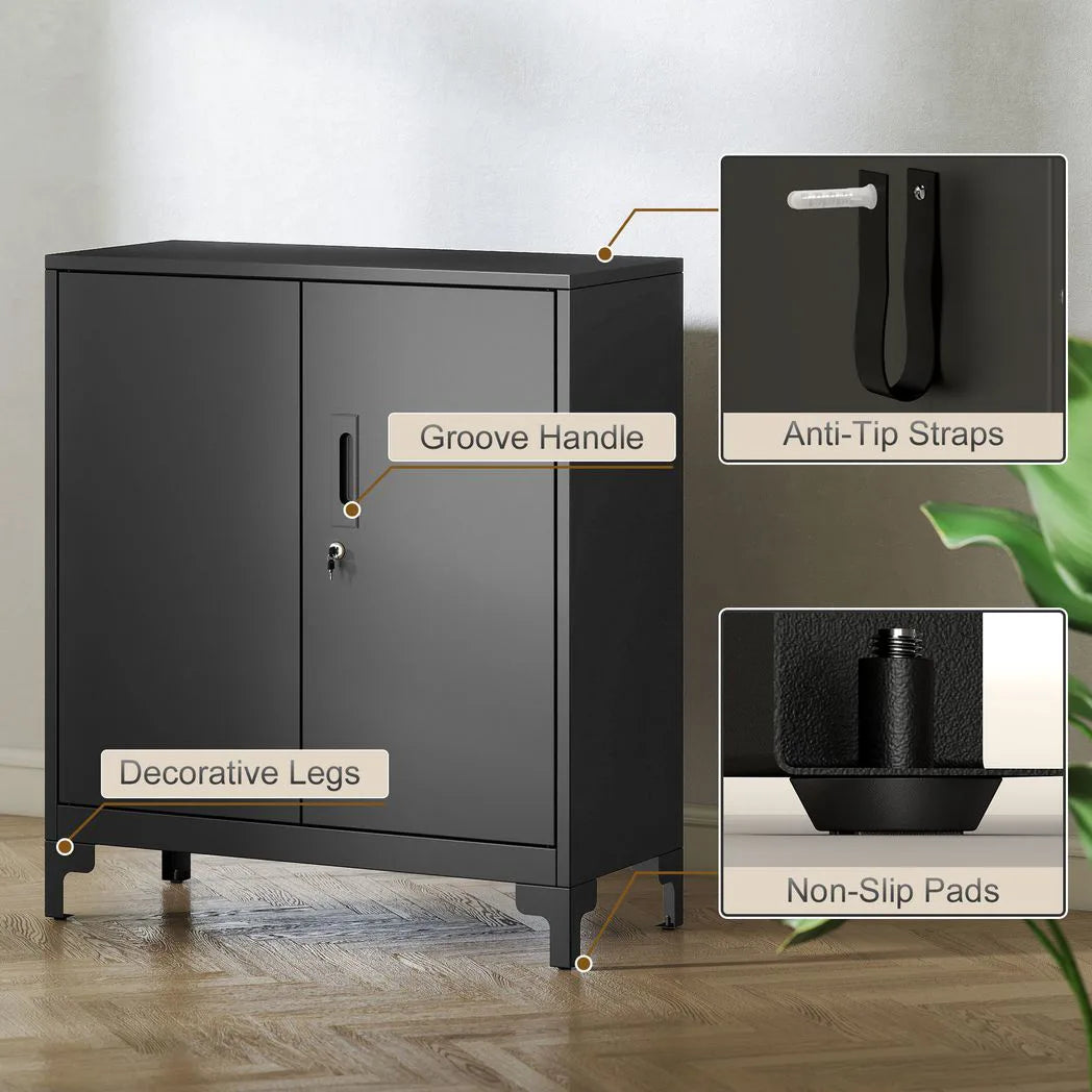 Lockable Metal Filing Cabinet, 2-Tier Storage Cupboard with Double Doors, Modern Office Organiser, Black