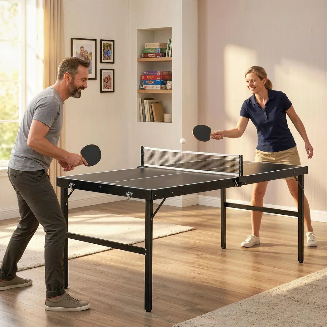 SPORTNOW 5ft Mini Table Tennis Table, Folding Ping Pong Table with Net and Aluminium Frame, Portable Ping Pong Game Set for Indoor Outdoor Use, Black