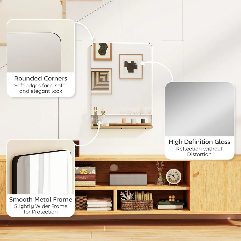 Wall Mirror with Wood Shelf - Black