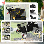 PawHut Dog Pram, Pet Stroller with Reflective Strips, Foldable Cat Stroller with 360° Swivel Wheels, Black