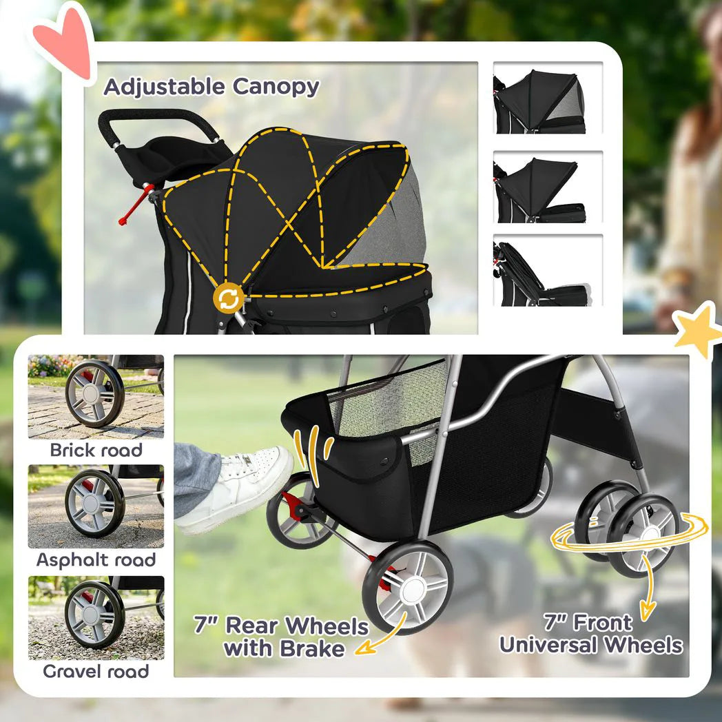 PawHut Dog Pram, Pet Stroller with Reflective Strips, Foldable Cat Stroller with 360° Swivel Wheels, Black