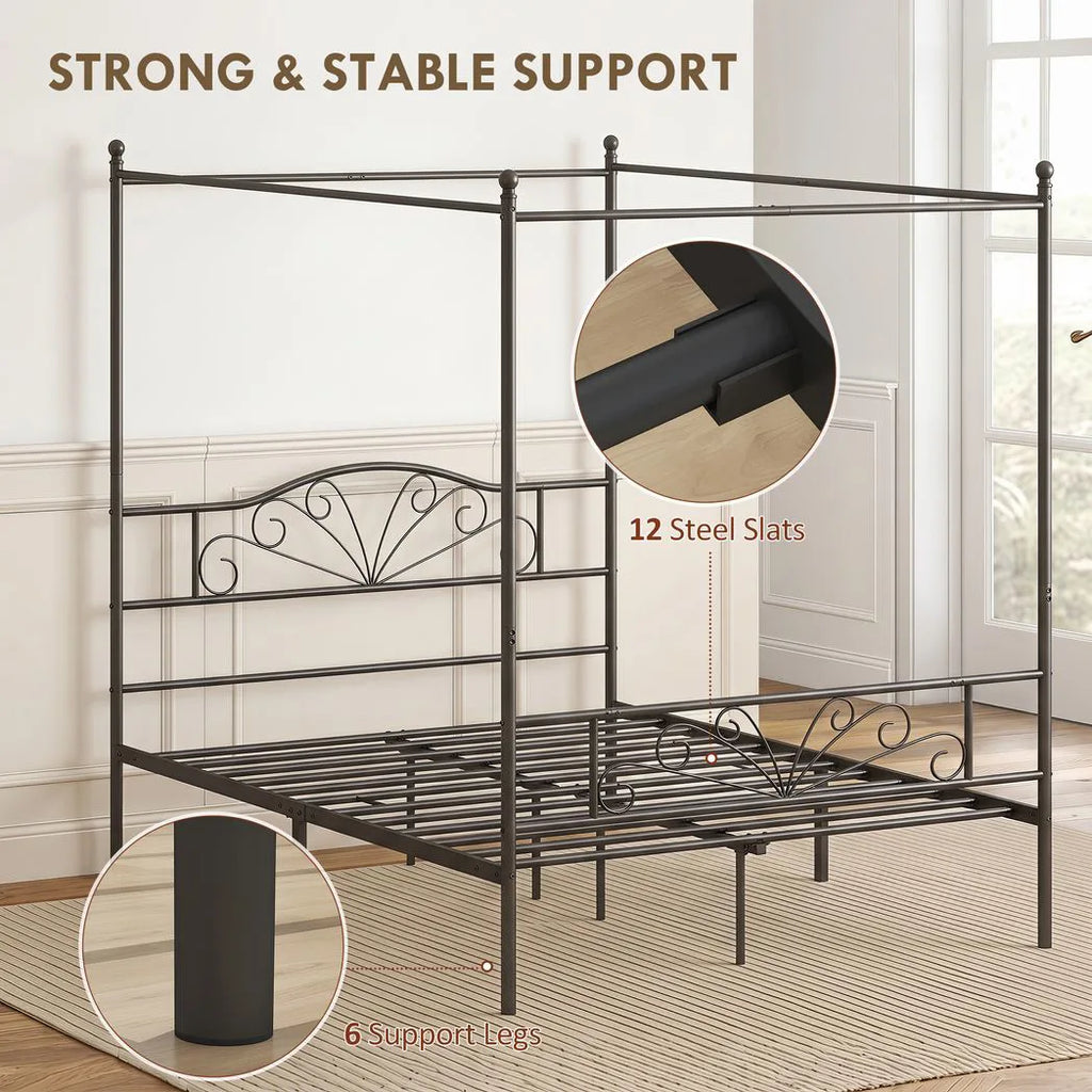 Canopy Bed Frame Double Size, Metal Platform Bed Frame with Headboard and Footboard, Underbed Storage, Black