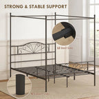 Canopy Bed Frame Double Size, Metal Platform Bed Frame with Headboard and Footboard, Underbed Storage, Black