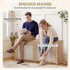 Rattan Shoe Bench with Padded Cushion and 2 Cabinets for Hidden Storage, Oak Wood Effect