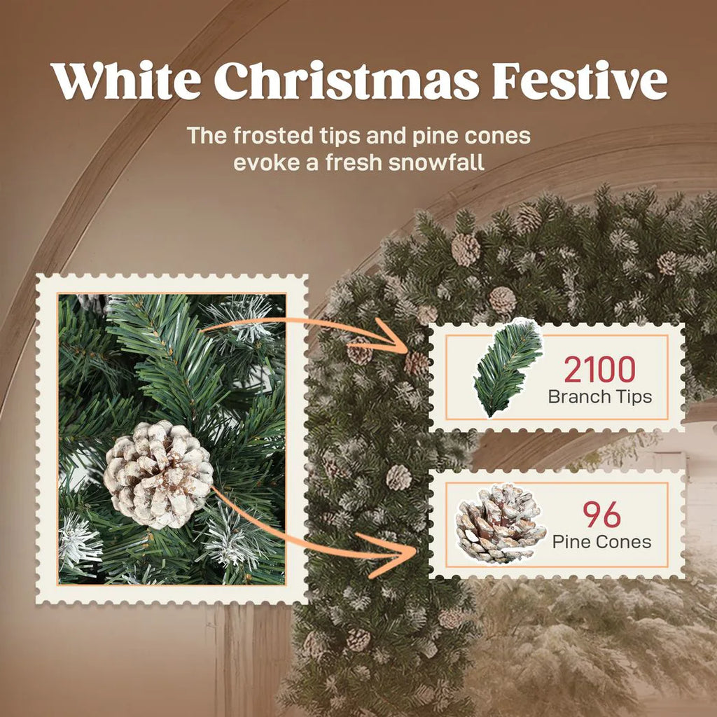 8.2 ft Snow Frosted Christmas Tree Arch, Christmas Arch Doorway Decor with 2100 Tips and 96 Pinecones, Artificial Xmas Tree with Metal Stand for Indoor, Green
