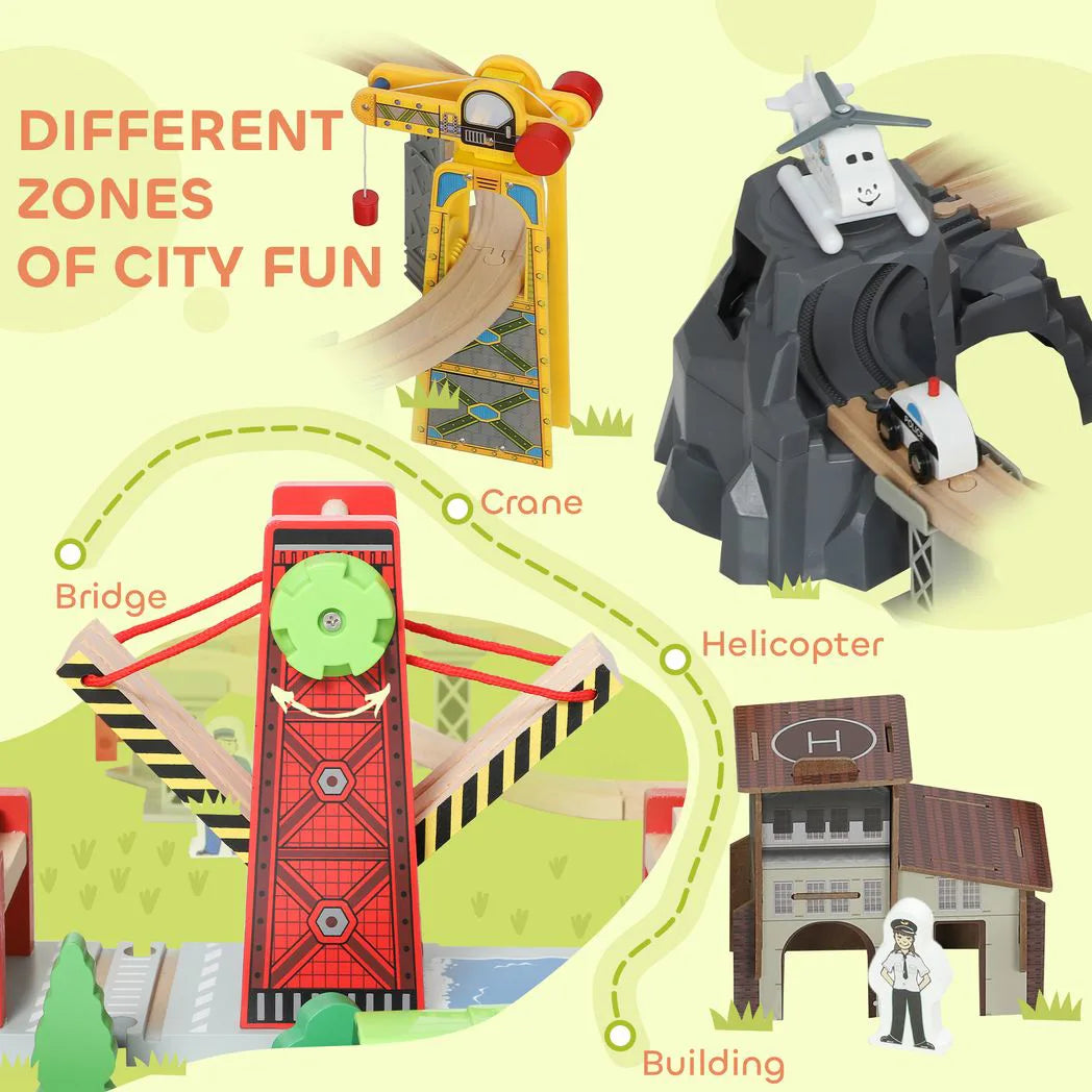 AIYAPLAY 100 Piece Wooden Train Set for Kids 3 Years with Track, Crane, Battery Operated Train