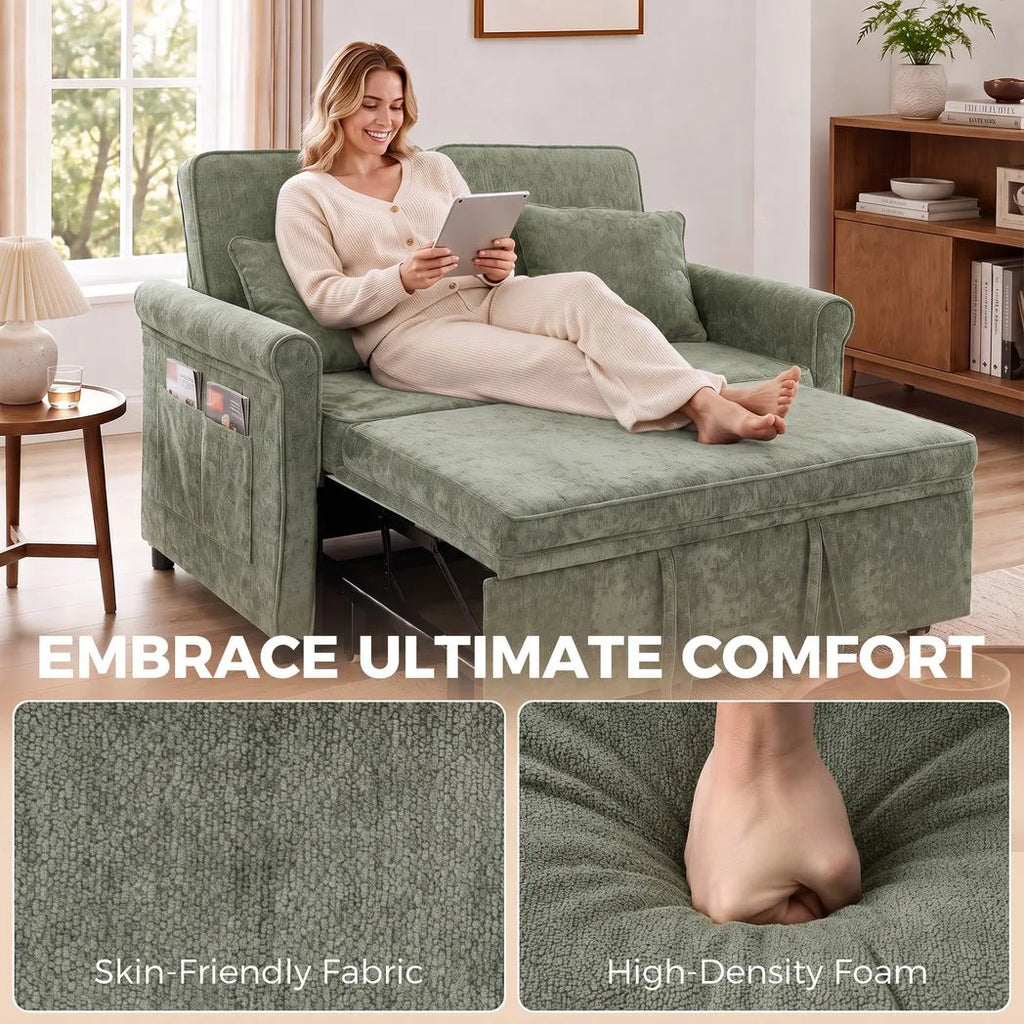 2 Seater Sofa Bed 3-in-1 Convertible Chenille Pull Out Sleeper Sofa with 5-Position Adjustable Backrest, Light Green