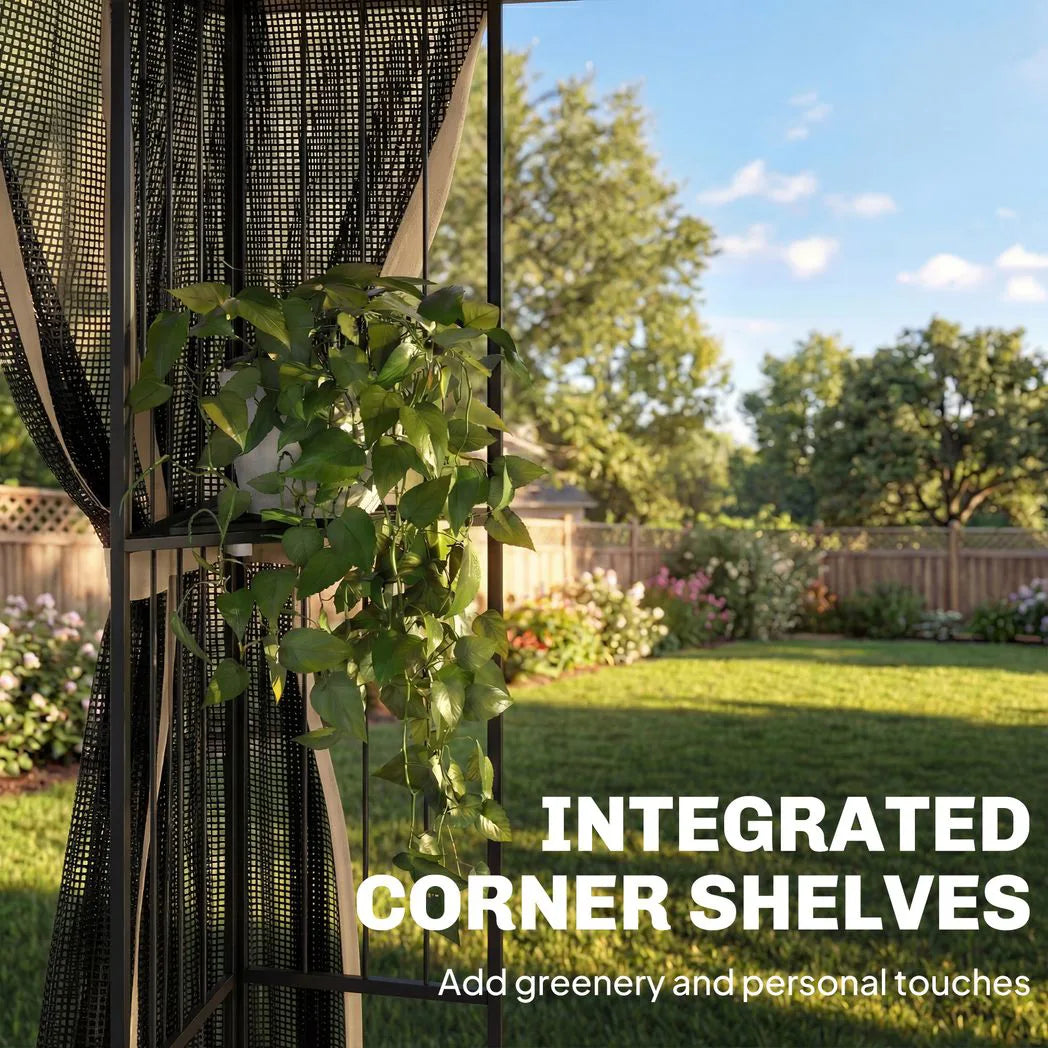 Outsunny 3 x 3 m Outdoor Garden Gazebo with Post Shelves, UPF50 Double Roof Patio Permanent Pavilion, Brown