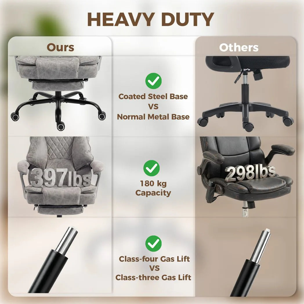 Executive Office Chair, Leathaire Big and Tall Office Chair 180 kg with Wide Seat, Reclining, Lumbar Support, Grey