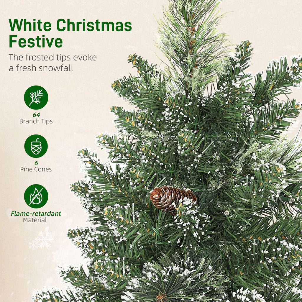 60 cm Prelit Small Christmas Tree, Snow Flocked Tabletop Mini Xmas Tree with 35 LED Lights, Pine Cones and Linen Cover Base, Battery Operated, Green