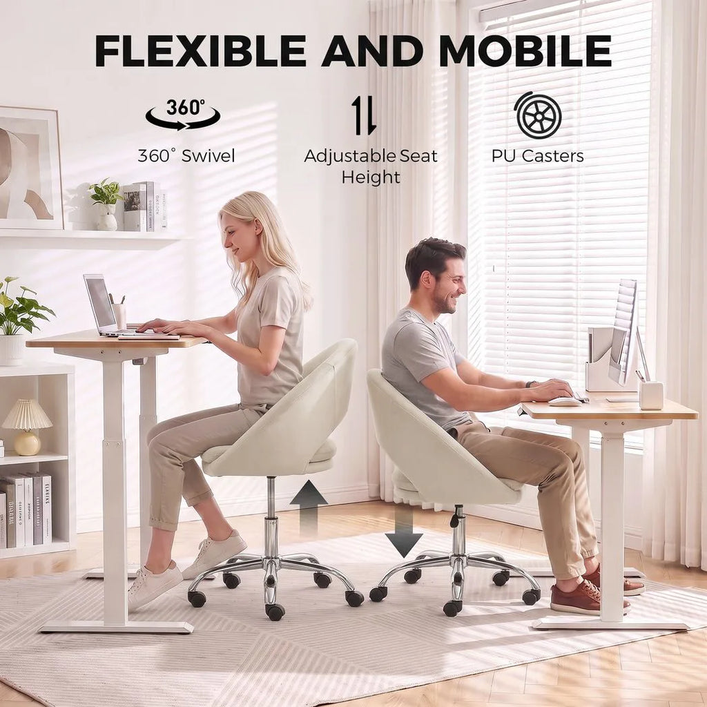 Velvet Desk Chair, Modern Office Chair with Height-Adjustable, Wheels, for Home Study Bedroom, Cream