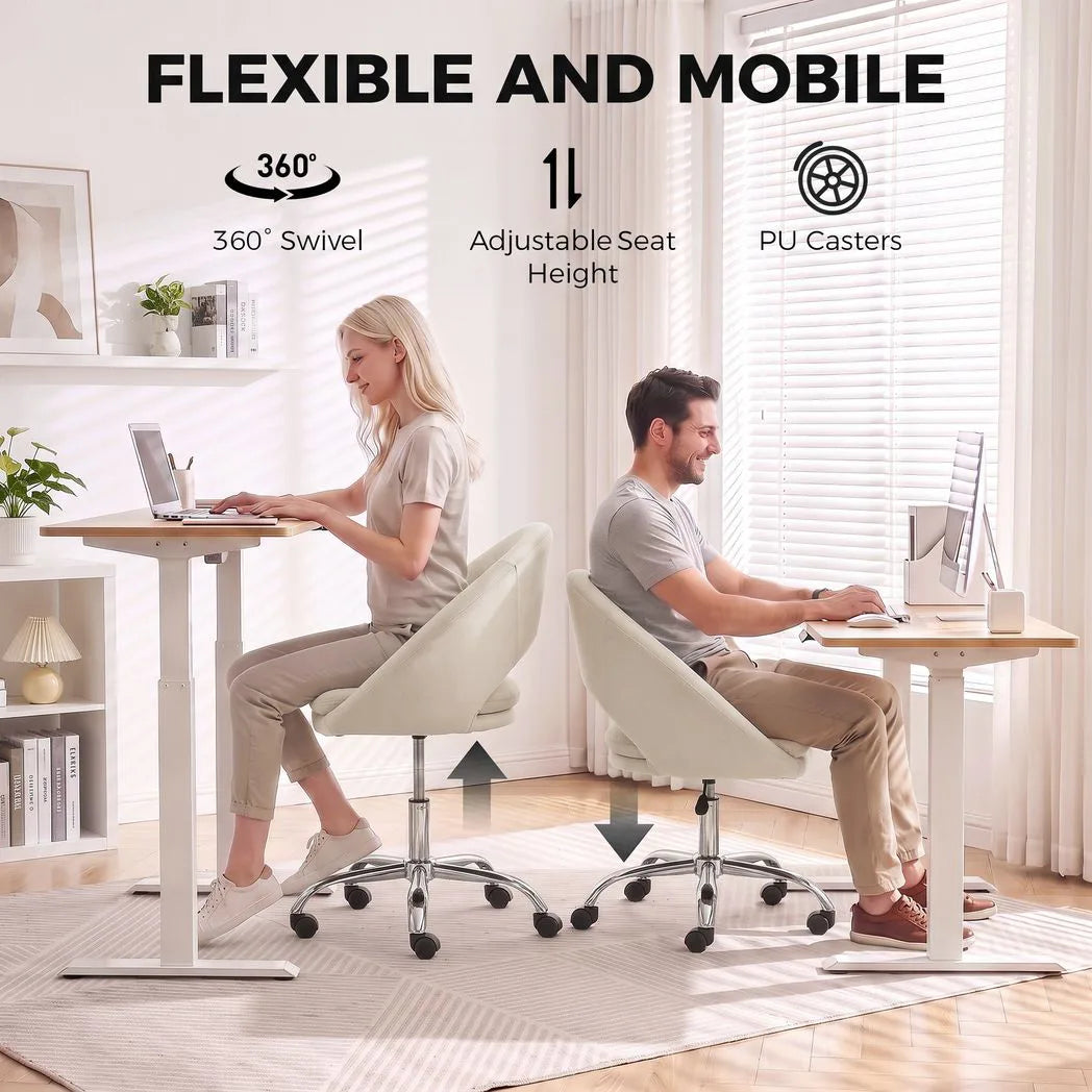 Velvet Desk Chair, Modern Office Chair with Height-Adjustable, Wheels, for Home Study Bedroom, Cream