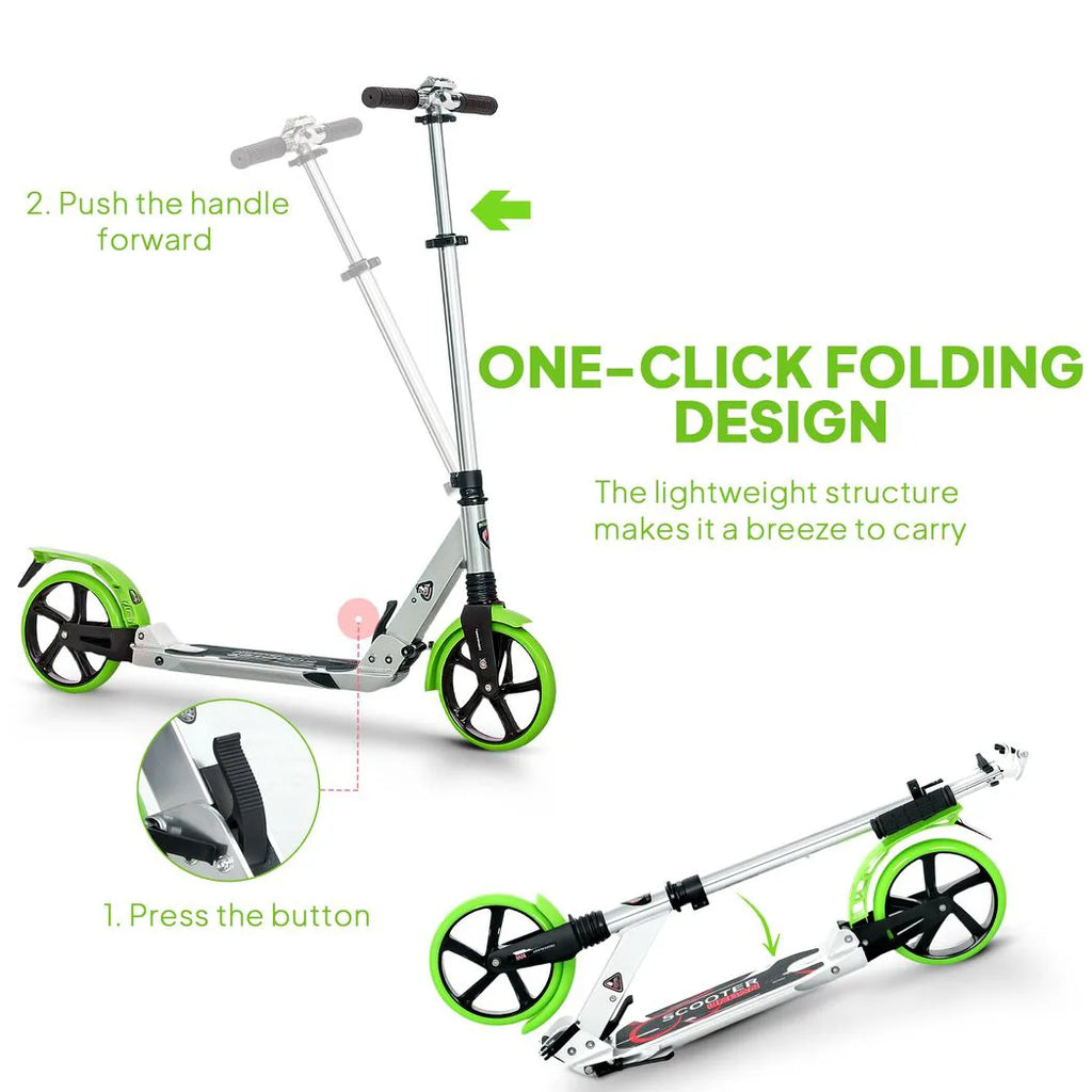 Folding Kick Scooter, Adjustable Ride On Scooter with 200mm Big Wheels and Double Shock Absorption, Urban Scooter for 14 Teens Adult, Green