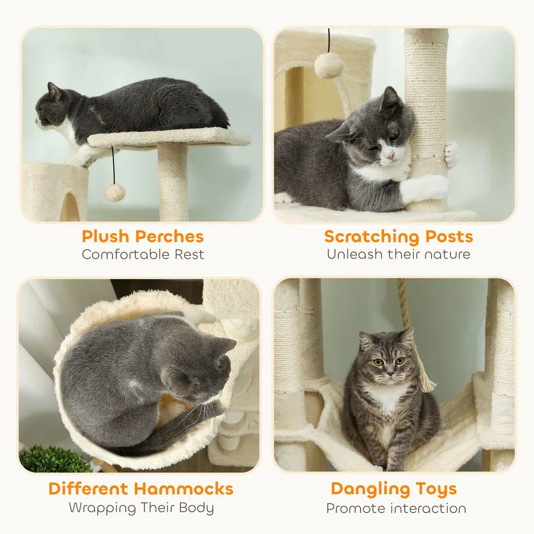 PawHut 202cm Cat Tree with 6 Scratching Posts, 2 Hammocks, 2 Condos, 2 Perches, Pompoms, for Cats to Rest and Play, Beige