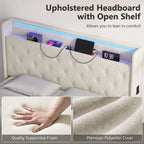 4ft6 Double Bed Frame with Headboard, Platform Bed Frame with Hydraulic Storage, LED Lights and Charging Station, Cream