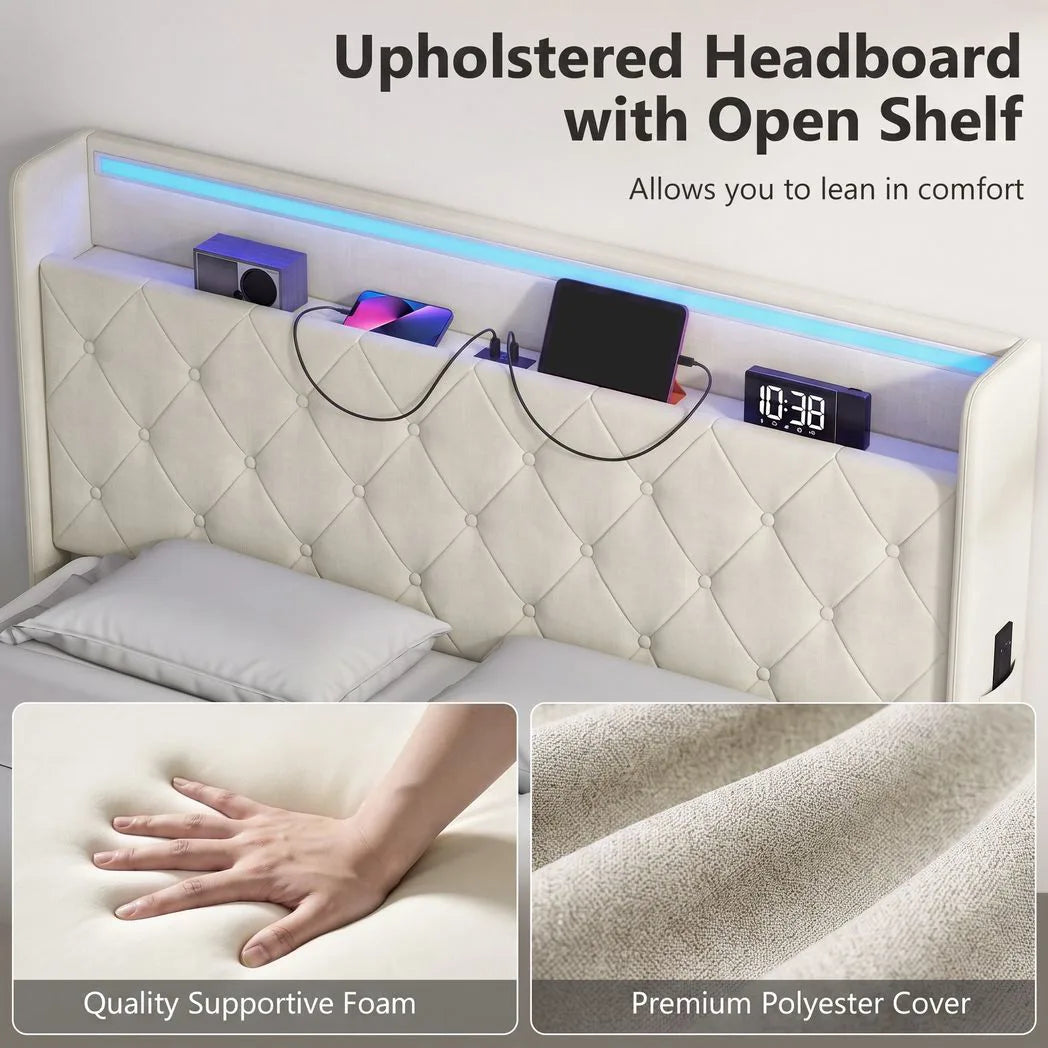4ft6 Double Bed Frame with Headboard, Platform Bed Frame with Hydraulic Storage, LED Lights and Charging Station, Cream