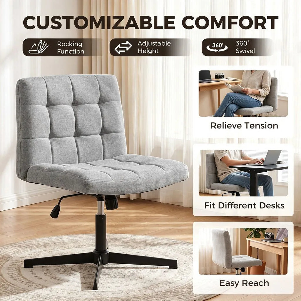 Armless Office Chair, Cross Legged Linen Computer Desk Vanity Chair with Wide Seat, Rocking Function, Grey