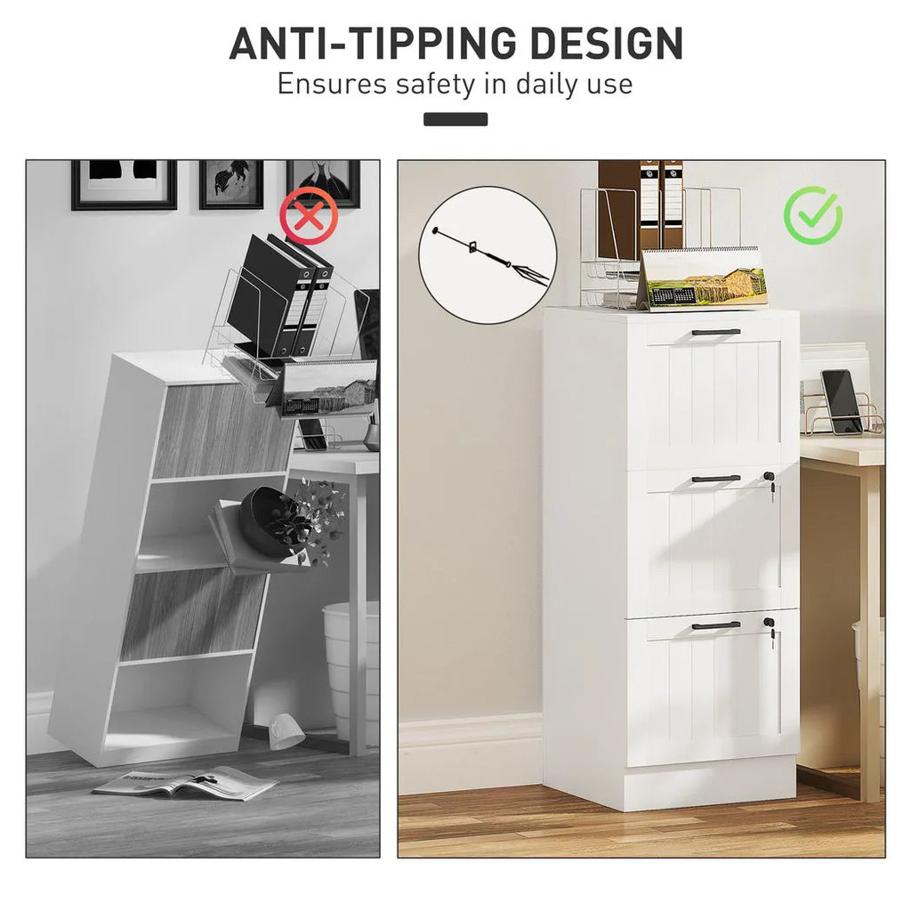 3 Drawer Filing Cabinet with Lock, Office Storage Cabinet with Adjustable Hanging Bars for A4 Letter Size Files, White