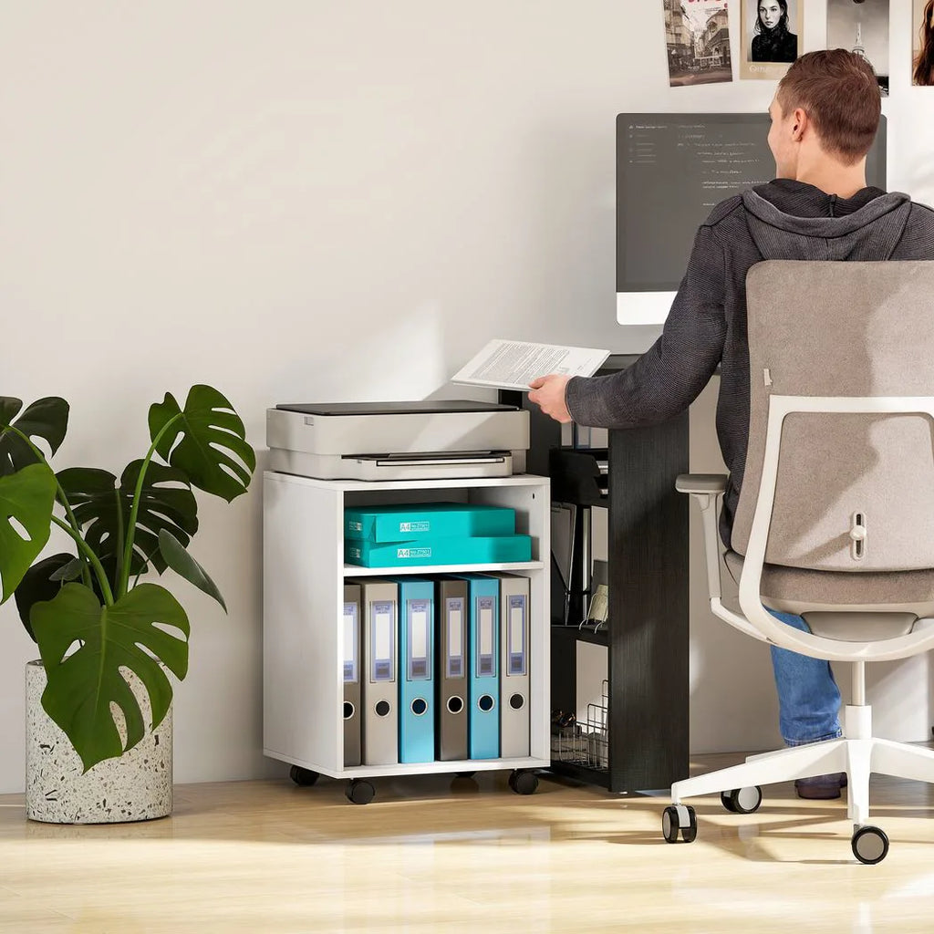 2-Tier Printer Stand with Storage, Under Desk Printer Cart on Wheels, White