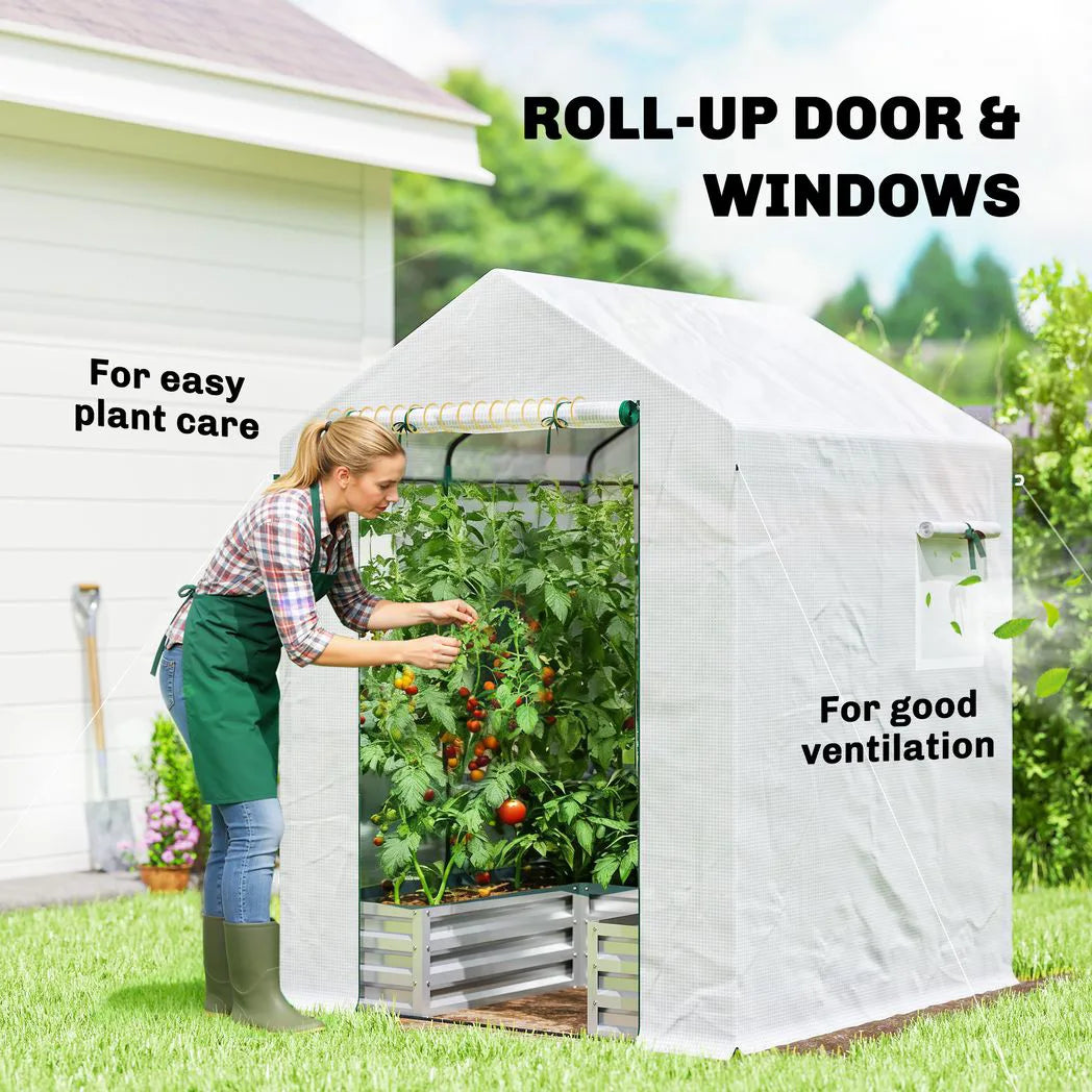 Outsunny Small Greenhouse with Raised Garden Bed, Galvanised Walk-in Greenhouse with Roll Up Windows, 141 x 141 x 190 cm, White