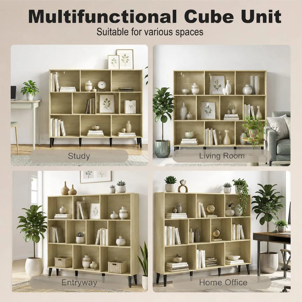 10-Cube Bookcase, 3-Tier Book Shelf with Solid Wood Legs, 140 cm Modern Bookshelf with Anti-Tip Kit, Oak