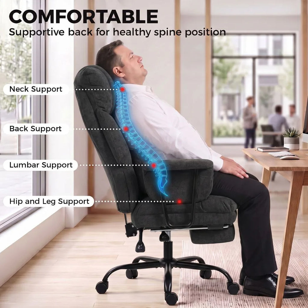 Office Chair, 180kg Heavy Duty Linen Computer Desk Chair with Lumbar Support, Wide Seat, Spring Cushion, Black