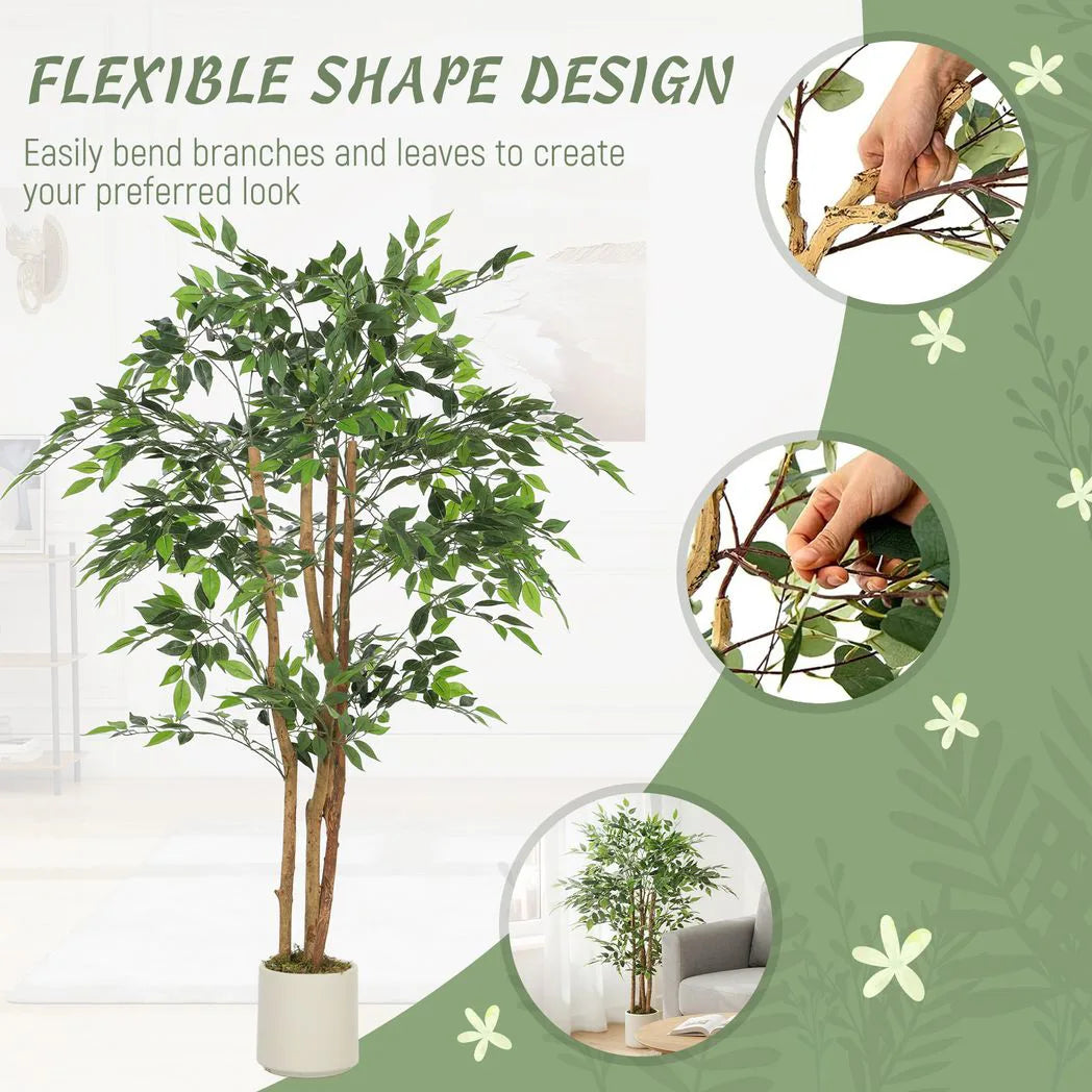 150cm Artificial Ficus Tree, Fake Potted Tree with Solid Wood Trunk and Pot for Indoor, Green