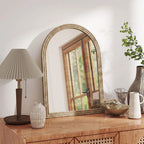 Arched Wall Mirror with Grooved Frame — Brown, 50 × 70cm