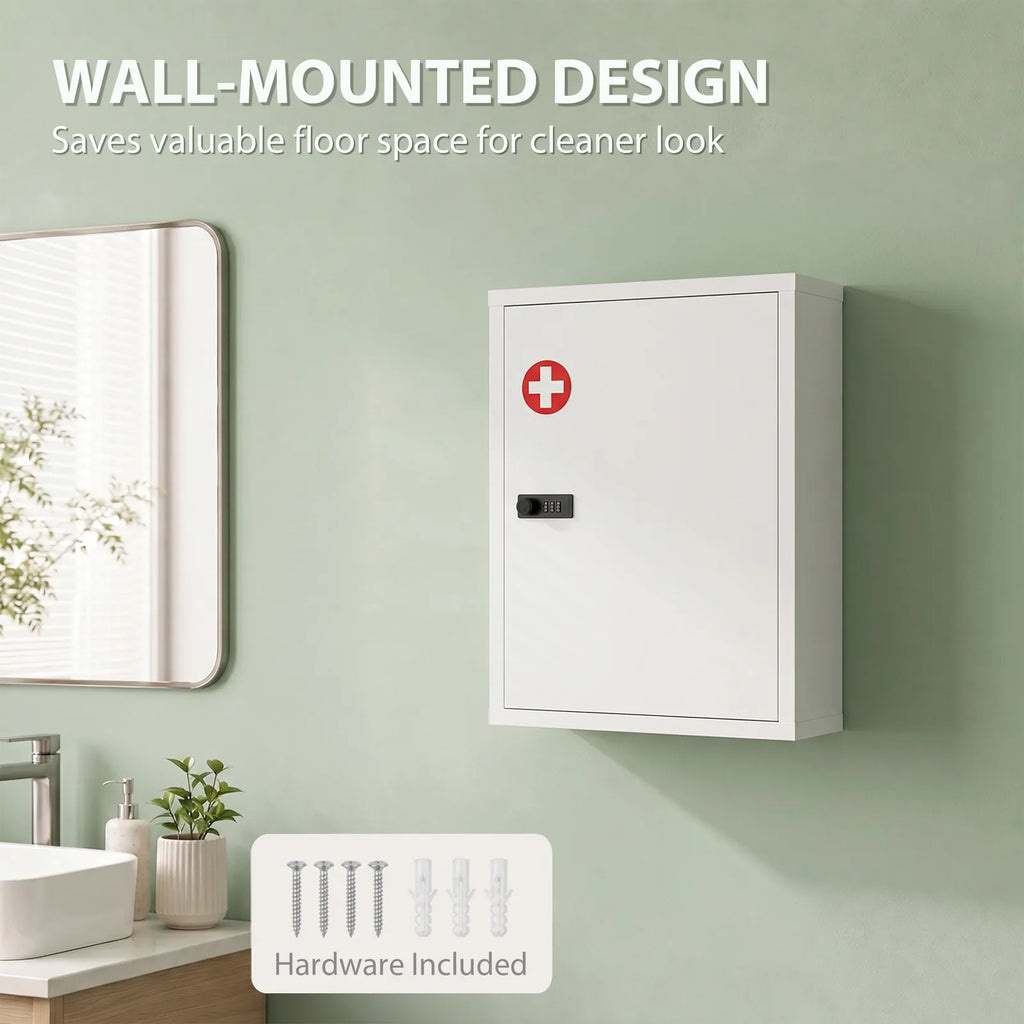 Wall Mount Medicine Cabinet, Bathroom Cabinet with Combination Lock, Door and Storage Shelves, White