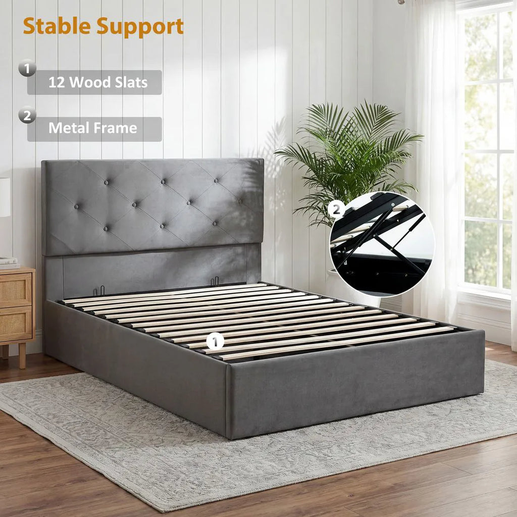 Double Bed Frame Gas End Lift Under Bed Storage Upholstered Platform Bed Tufted Headboard for 140 x 190 cm Mattress