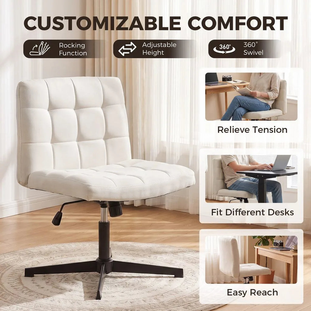 Armless Office Chair, Cross Legged Linen Computer Desk Vanity Chair with Wide Seat, Rocking Function, Beige