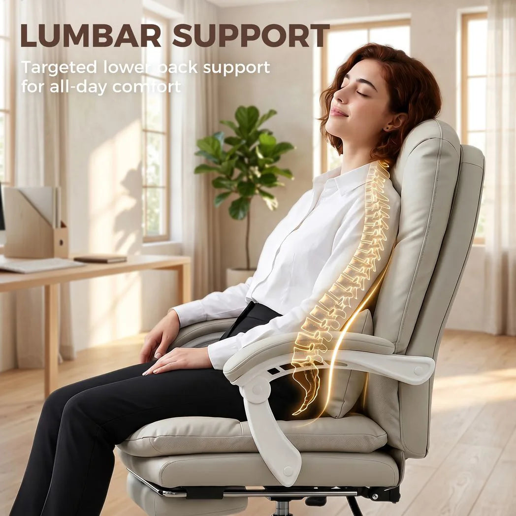 Ergonomic Executive Office Chair, Reclining Desk Chair with Lumbar Support, Footrest, Plush Thick Cushion, Khaki