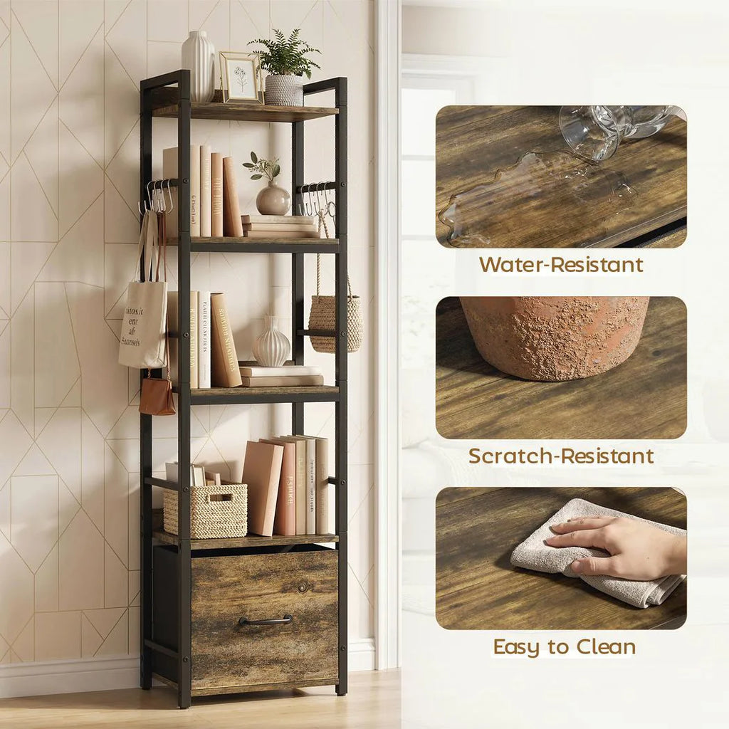 4-Tier Bookshelf, Narrow Bookcase with Drawer, 8 Hooks, Metal Frame, Rustic Brown
