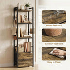 4-Tier Bookshelf, Narrow Bookcase with Drawer, 8 Hooks, Metal Frame, Rustic Brown