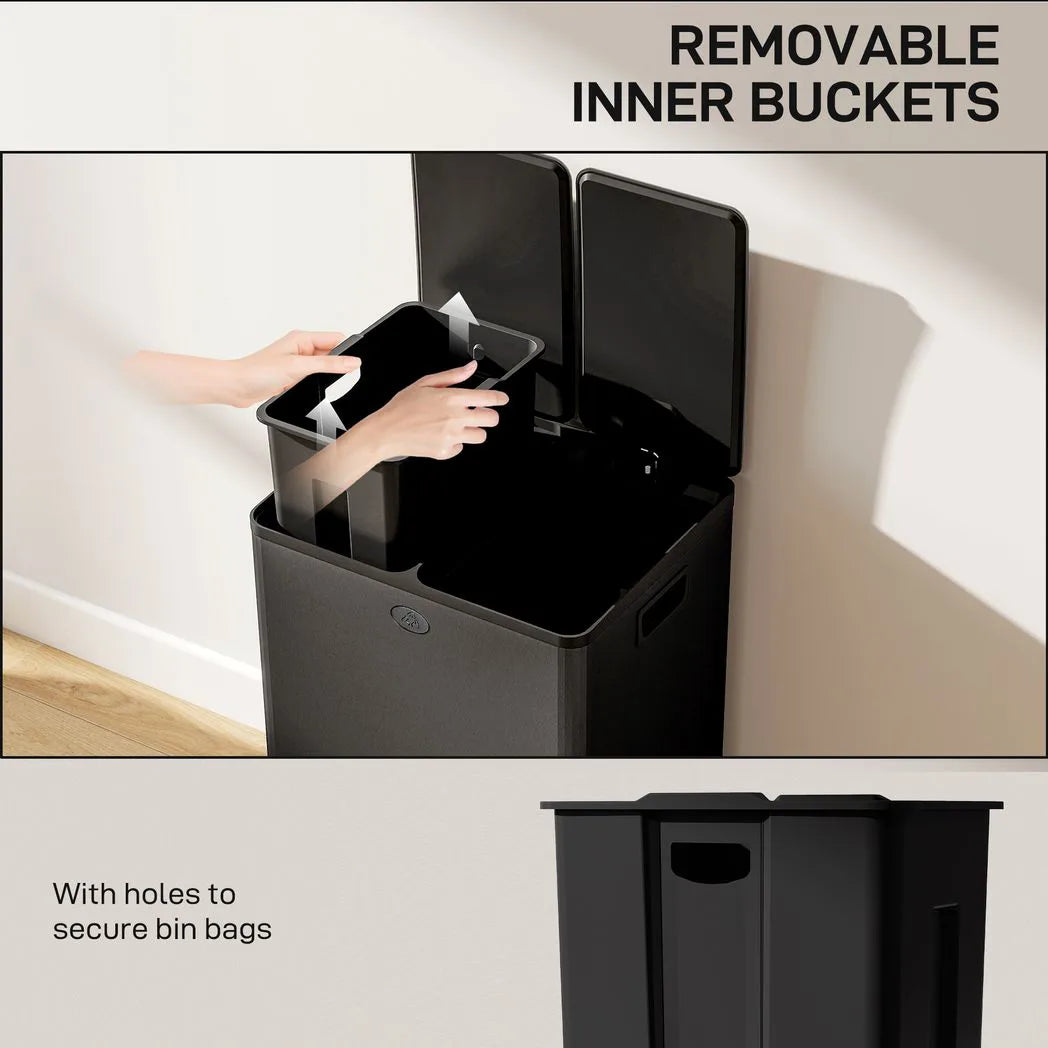 56L Dual Compartment Stainless Steel Bin, with Deodoriser Holders - Black