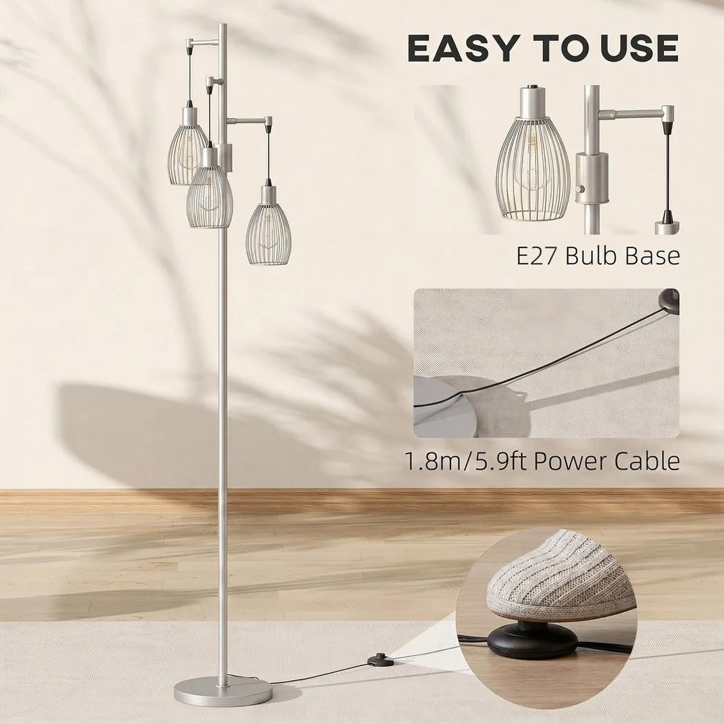 170.5cm Industrial Dimmable Standing Lamp, 3-Light Floor Lamp with Steel Wire Cage Lampshades, Silver Tone