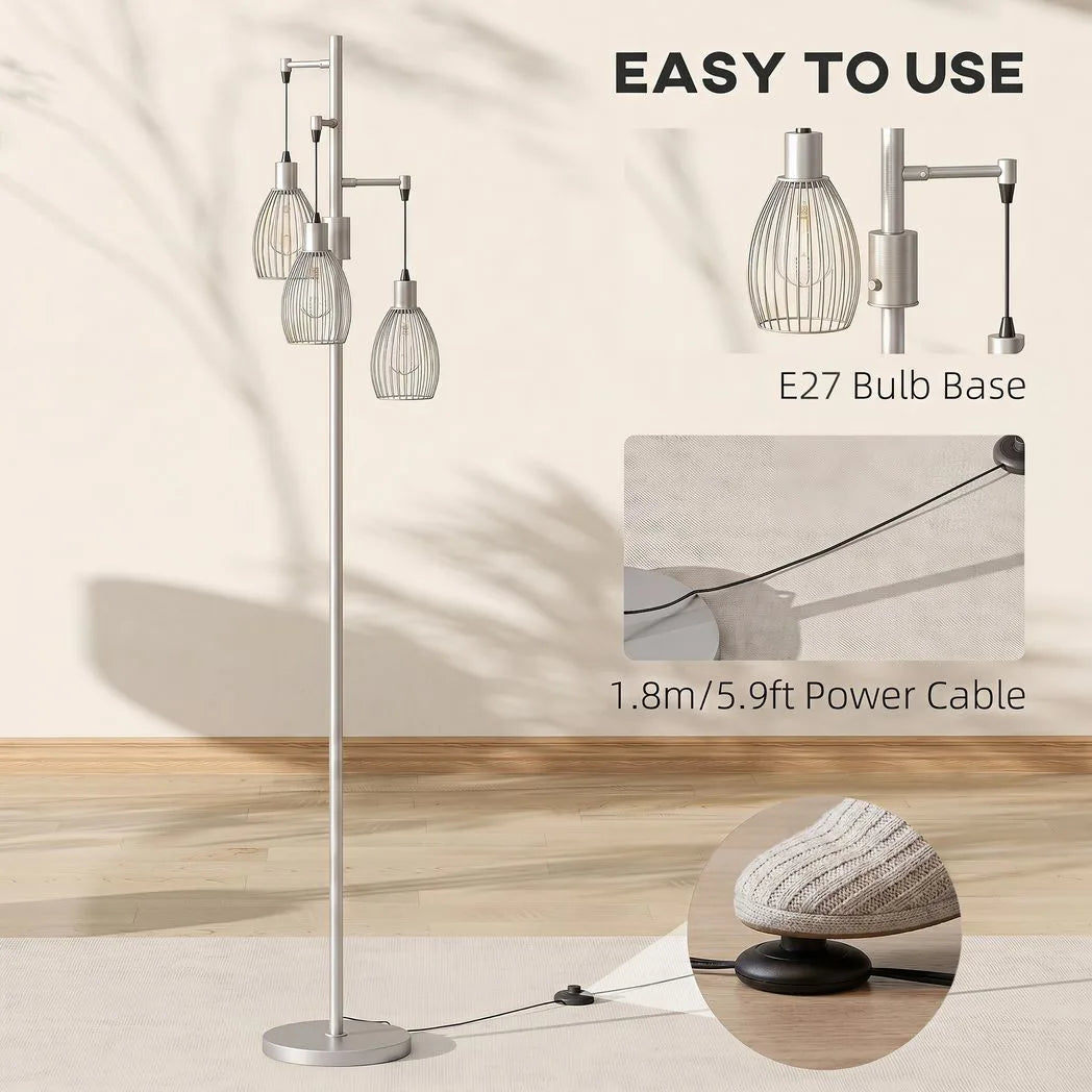 170.5cm Industrial Dimmable Standing Lamp, 3-Light Floor Lamp with Steel Wire Cage Lampshades, Silver Tone