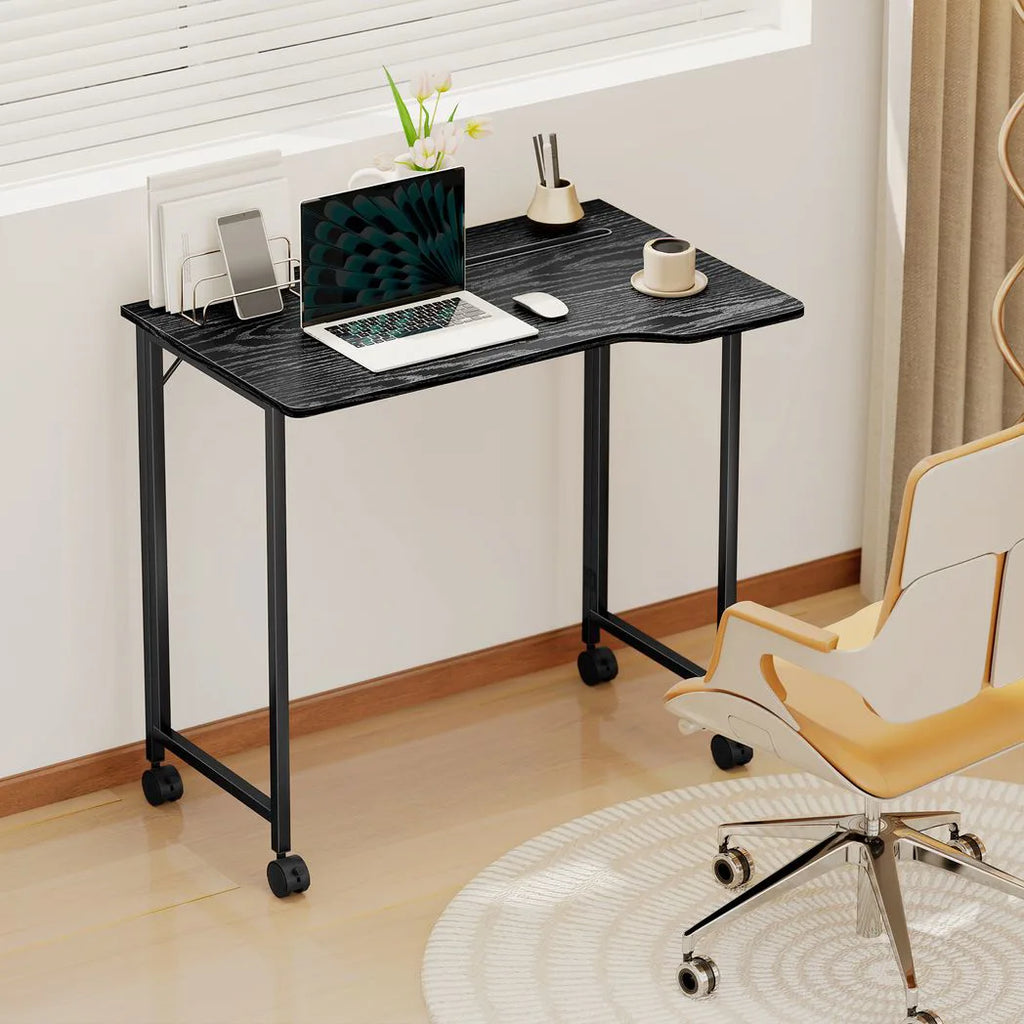 Folding Small Desk on Wheels - Black Wood Effect