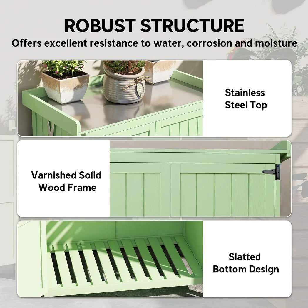 Outsunny Wooden Garden Shed, Garden Tool Storage Shed with Hinged Roof and Shelf, Outdoor Storage Cabinet with Double Doors, Light Green