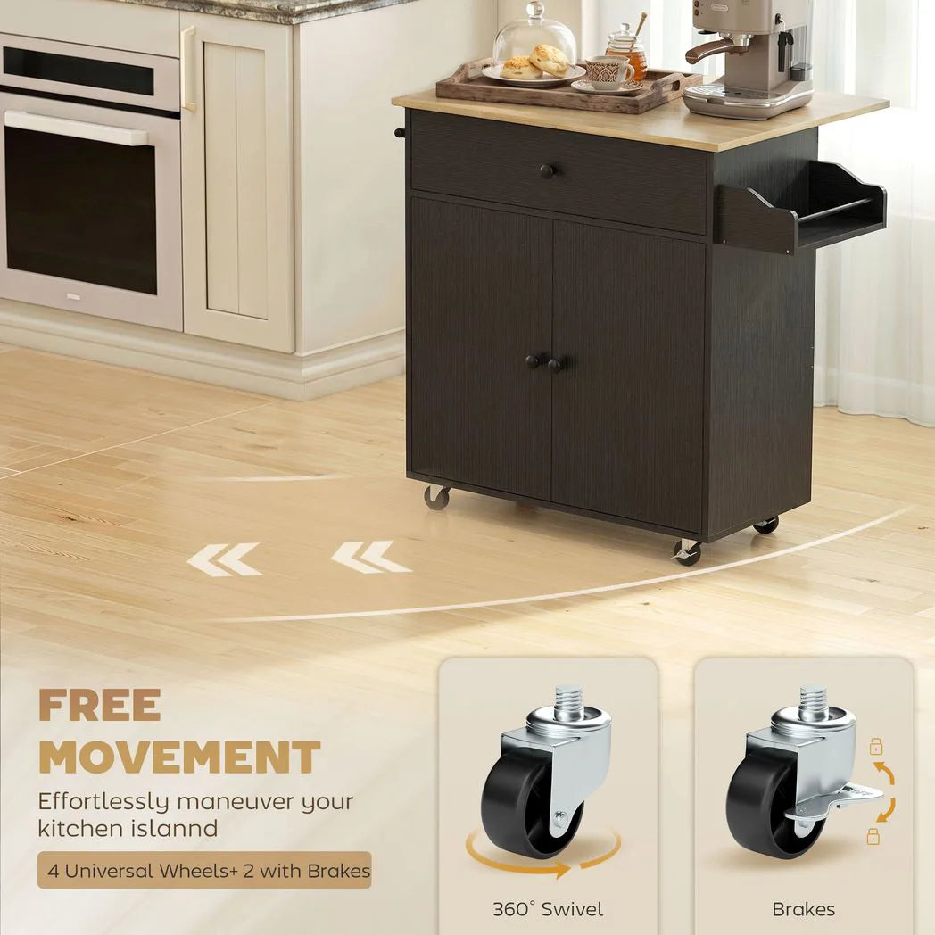 Kitchen Island with Drop Leaf, Rolling Kitchen Storage Trolley on Wheels with Drawer, Spice Rack and Towel Rack, Black